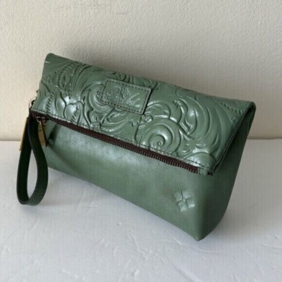 PATRICIA NASH Leath Tooled “Valerie” Wristlet Clutch Fold-Over Pouch Sage Green
